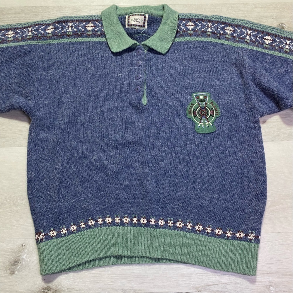 Vintage Gina Peters Henley Wool Blend Indian Blanket Sweater, Est. Sz Med-Large